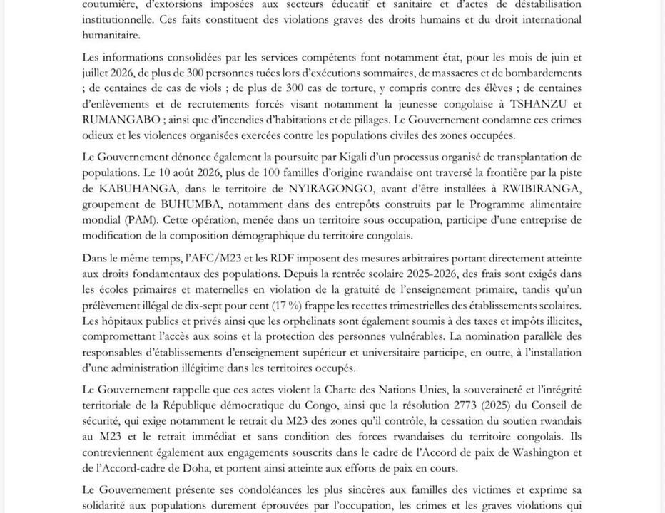 RDC – MASSACRES DANS L&rsquo;EST : LE GOUVERNEMENT CONDAMNE PLUS DE 300 EXÉCUTIONS PAR LE M23 ET SES ALLIÉS RWANDAIS