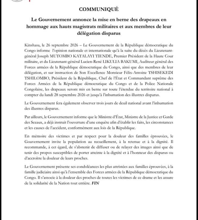 DRAME DE KENGE : La  Rdc  en deuil, drapeaux en berne et  3 jours de deuil national décrétés